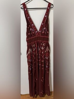 Anthropologie Embroidered Maxi Dress Burgundy Boho Deep V Festival Medium
